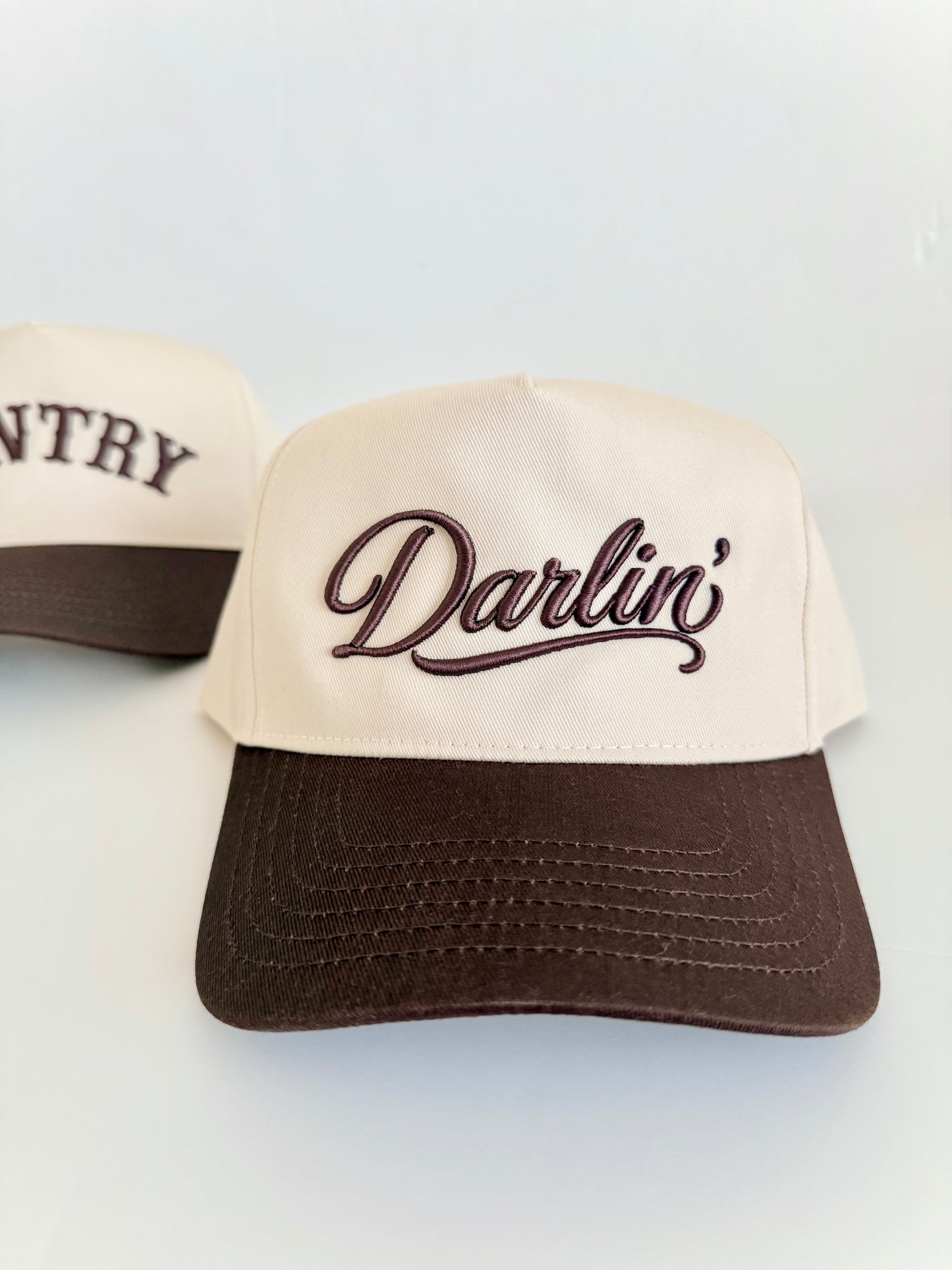 Brown/Natural Two Tone Embroidered Darlin' Western Country Retro vintage snapback hat.