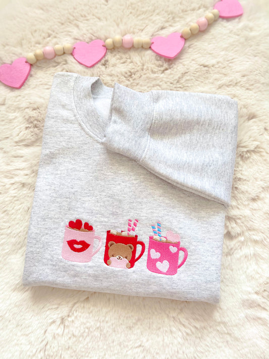 Bear Hugs Coffee Mugs Valentine's Embroidered Sweater