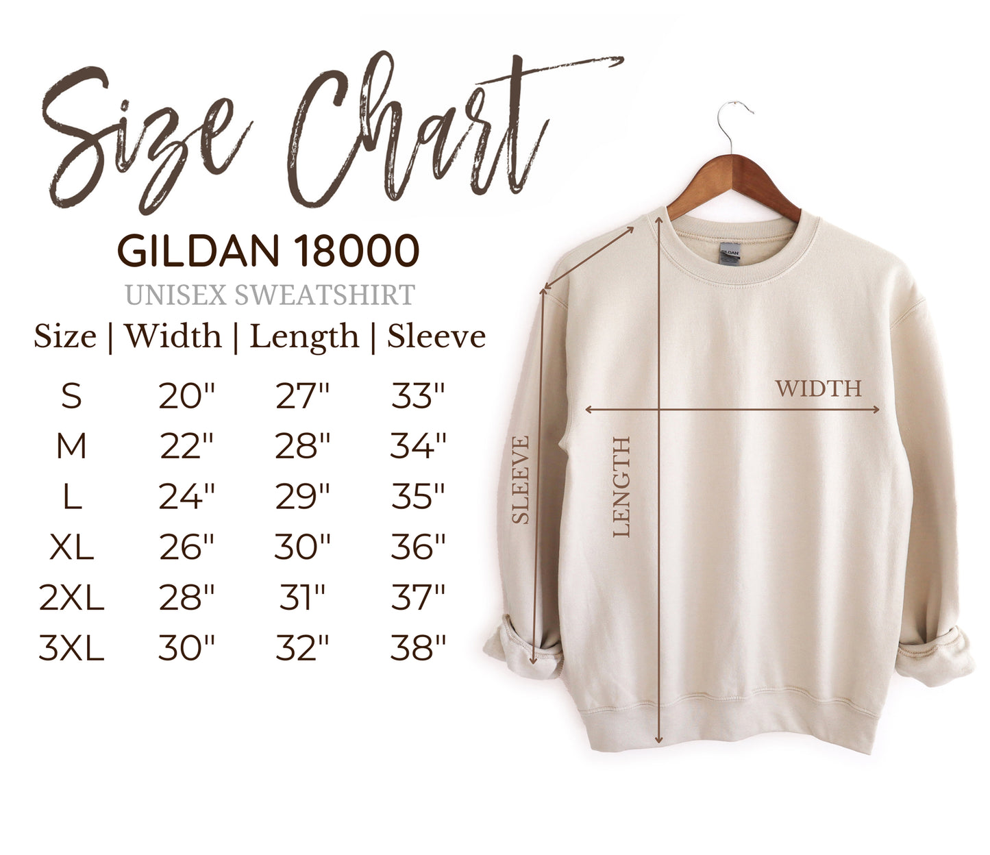 Gildan 18000 unisex sweatshirt size chart