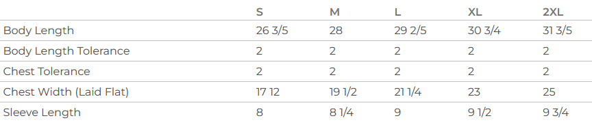 Tee Size Chart