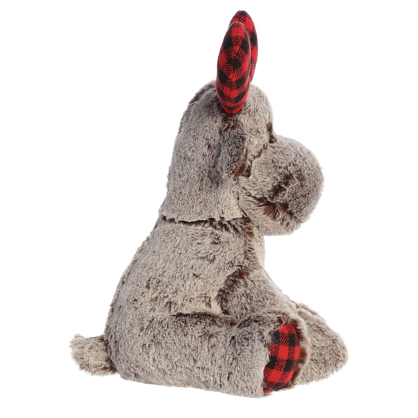 Plush toy elephant with red and black checkered ears on a white background