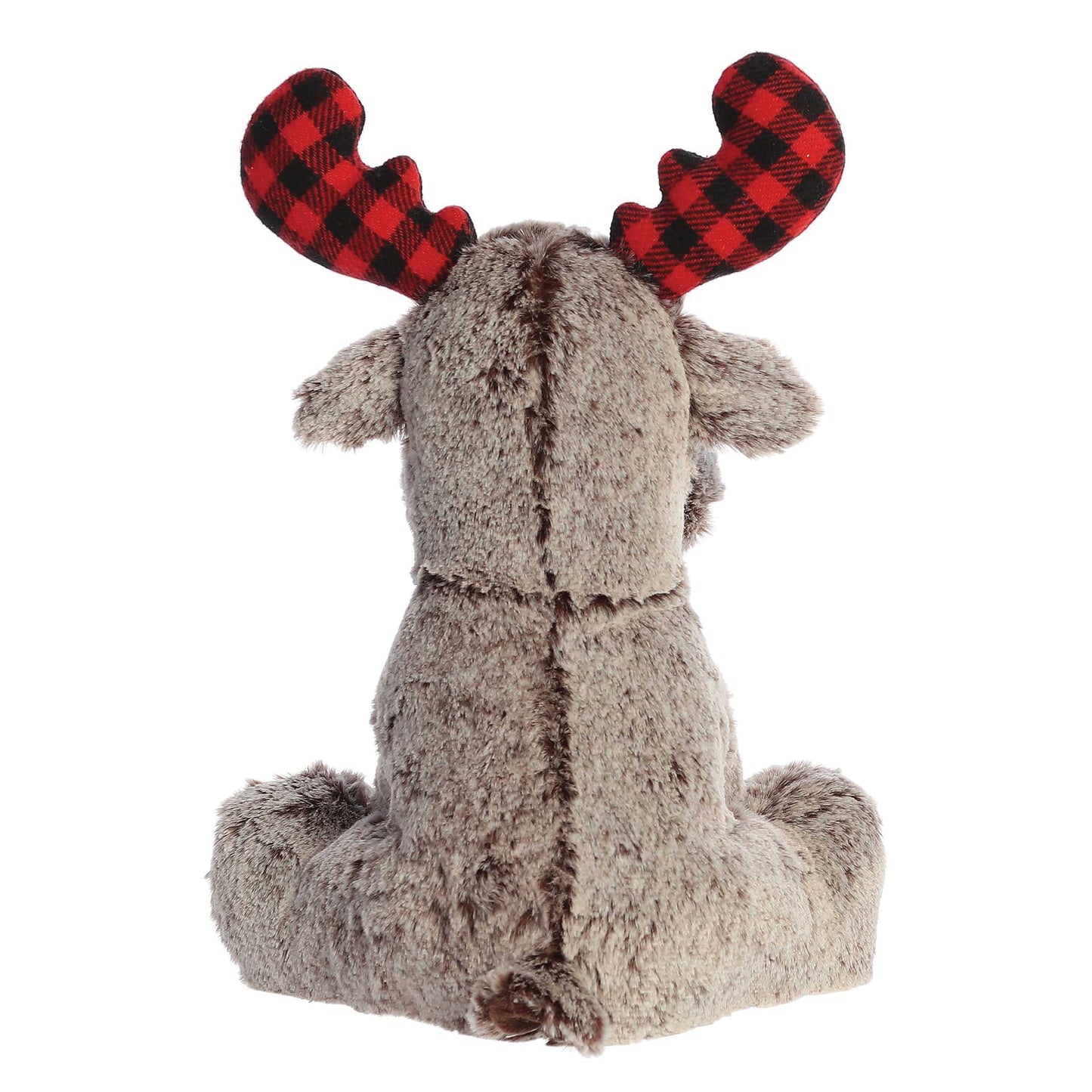 Plush moose toy with red and black checkered antlers on a white background