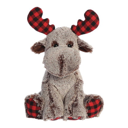 Plush moose toy with red and black checkered antlers on a white background