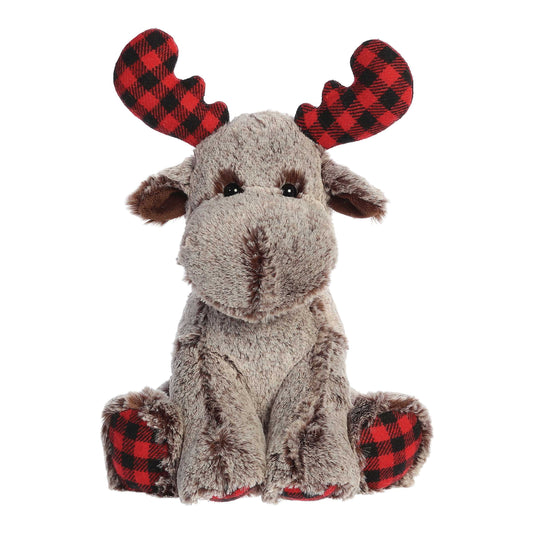 Plush moose toy with red and black checkered antlers on a white background