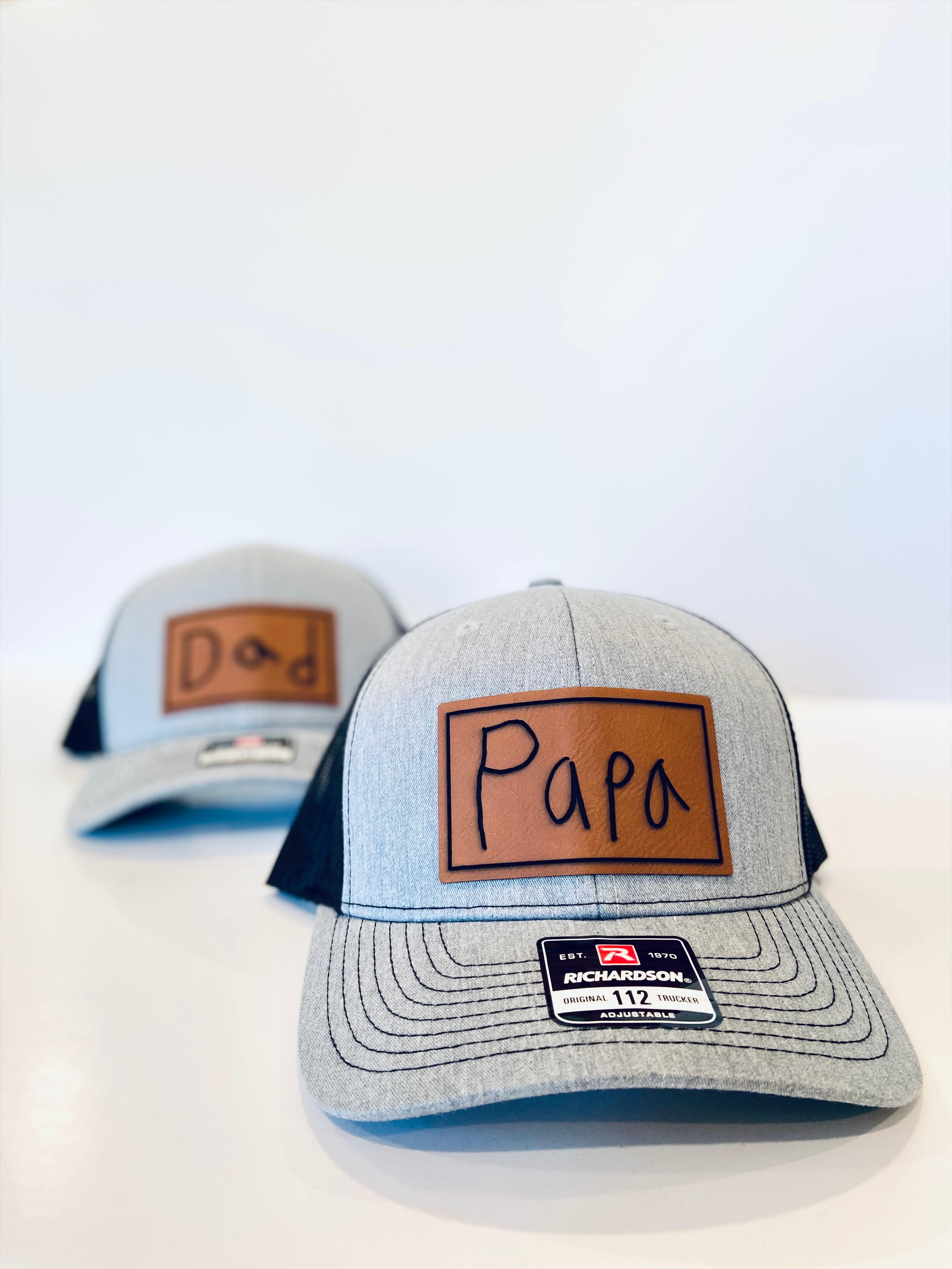 Custom handwriting leather patch DAD PAPA father's Day gift hat. Handmade in Ontario, Canada.