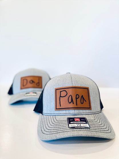 Custom handwriting leather patch DAD PAPA father's Day gift hat. Handmade in Ontario, Canada.