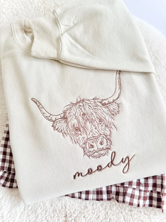 Moody Highland Cow Embroidered Sweater