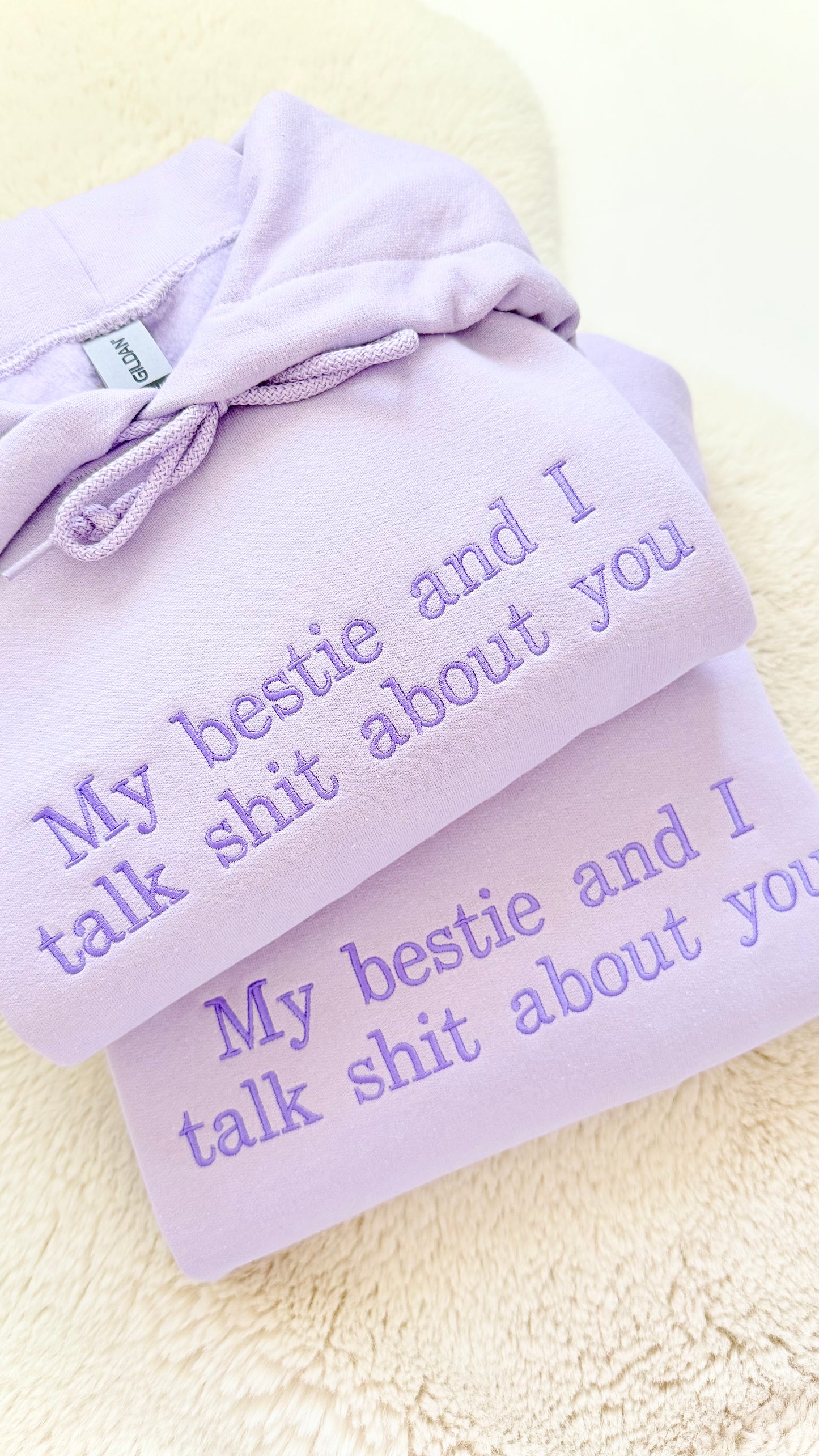 Purple blanket with embroidered text on a light background my bestie and i embroidered hoodie
