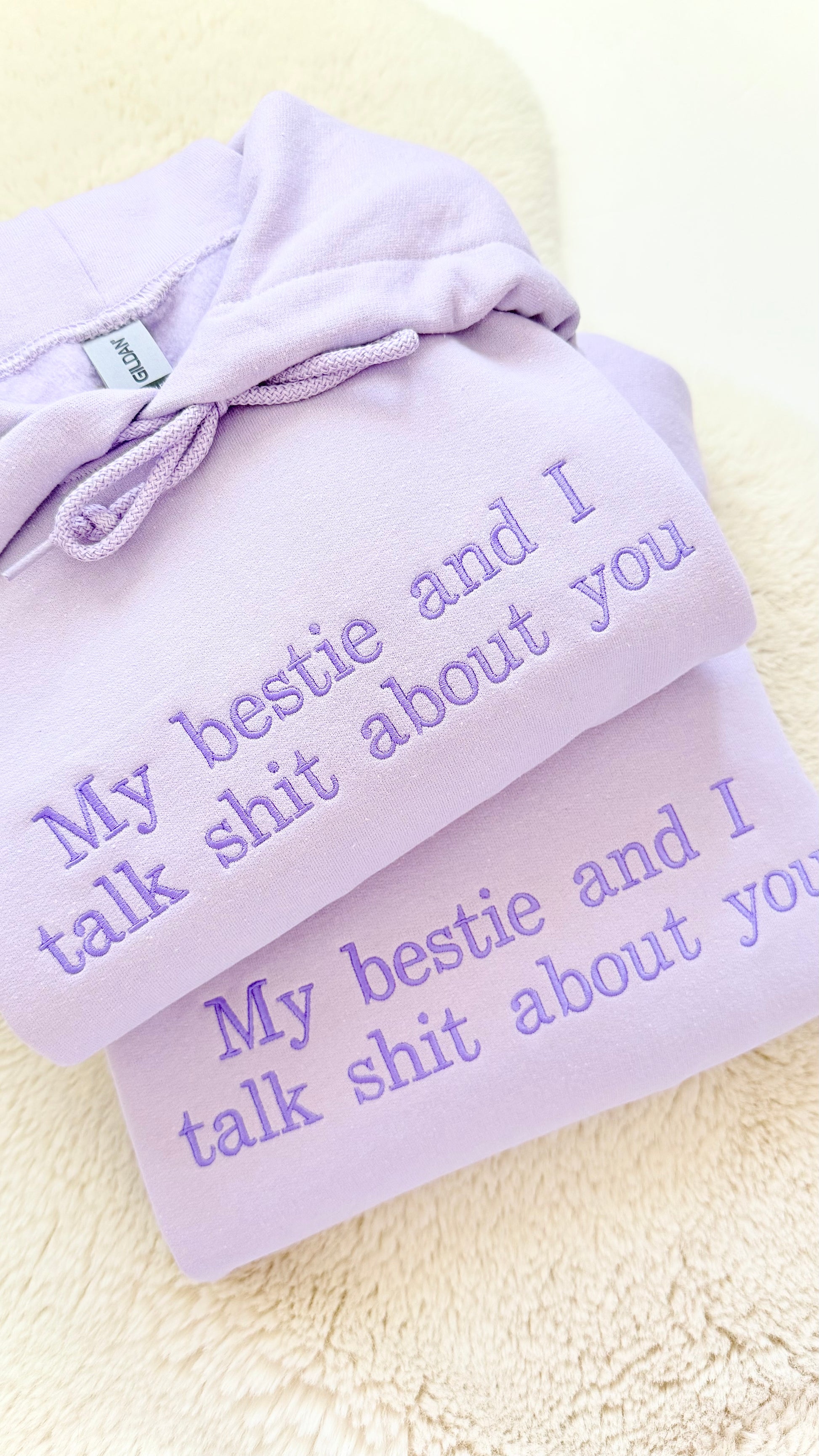 Purple blanket with embroidered text on a light background my bestie and i embroidered hoodie
