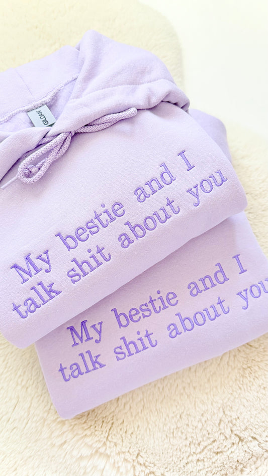 Purple blanket with embroidered text on a light background my bestie and i embroidered hoodie
