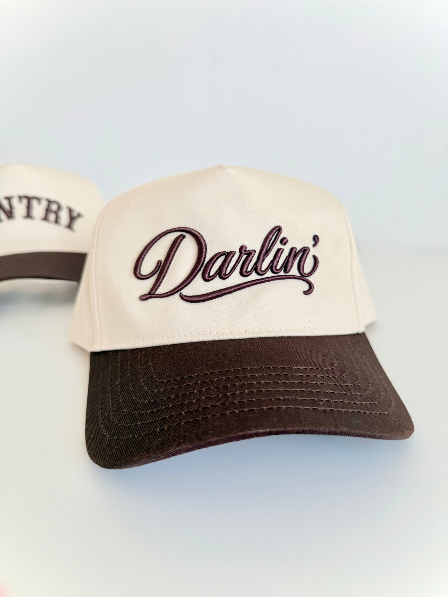 Brown/Natural Two Tone Embroidered Darlin' Western Country Retro vintage snapback hat.