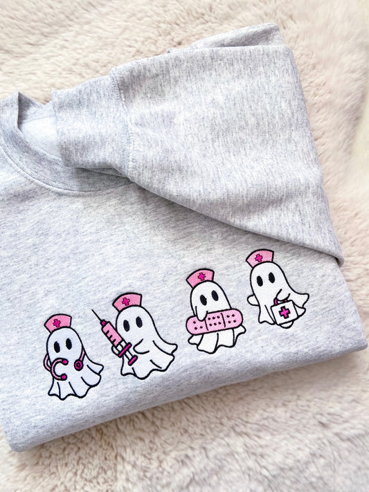 Nurse Ghostie Boo Boo Crew Embroidered Sweater