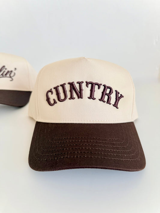 Brown/Natural Two Tone Embroidered CUNTRY Western Retro vintage snapback hat.