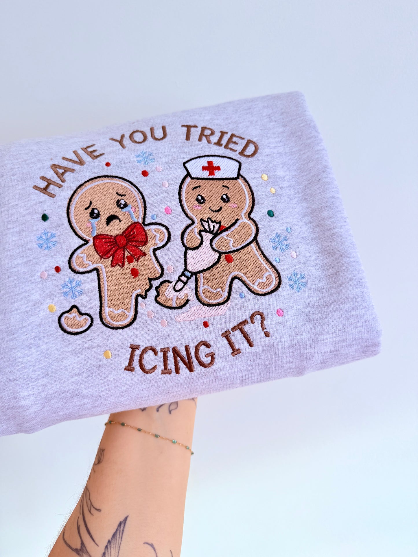 Gingerbread Nurse Ice It Embroidered Holiday Sweater