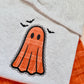 Lacey appliqued embroidered spooky cute Halloween ghost sweater.