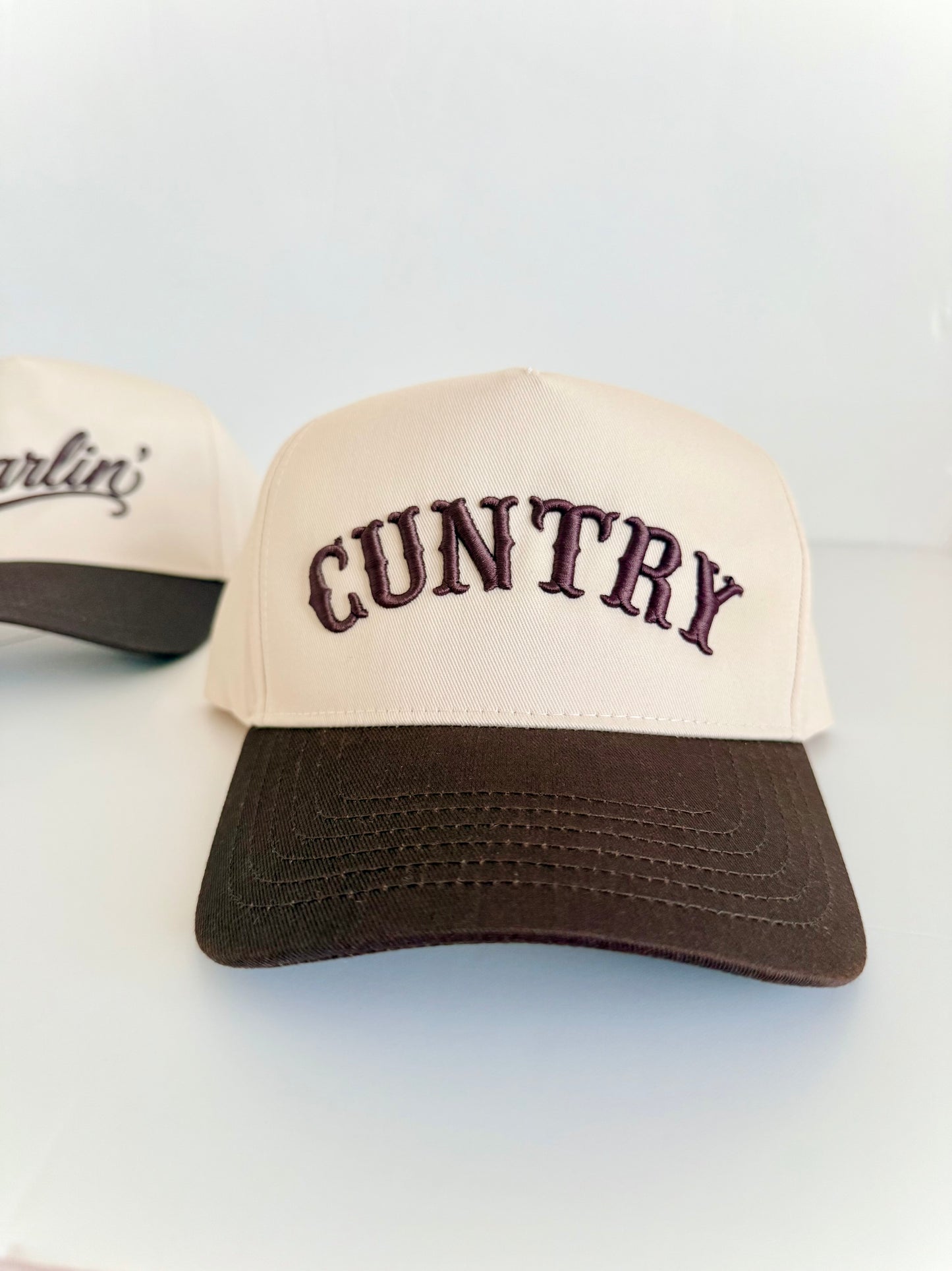 Brown/Natural Two Tone Embroidered CUNTRY Western Retro vintage snapback hat.