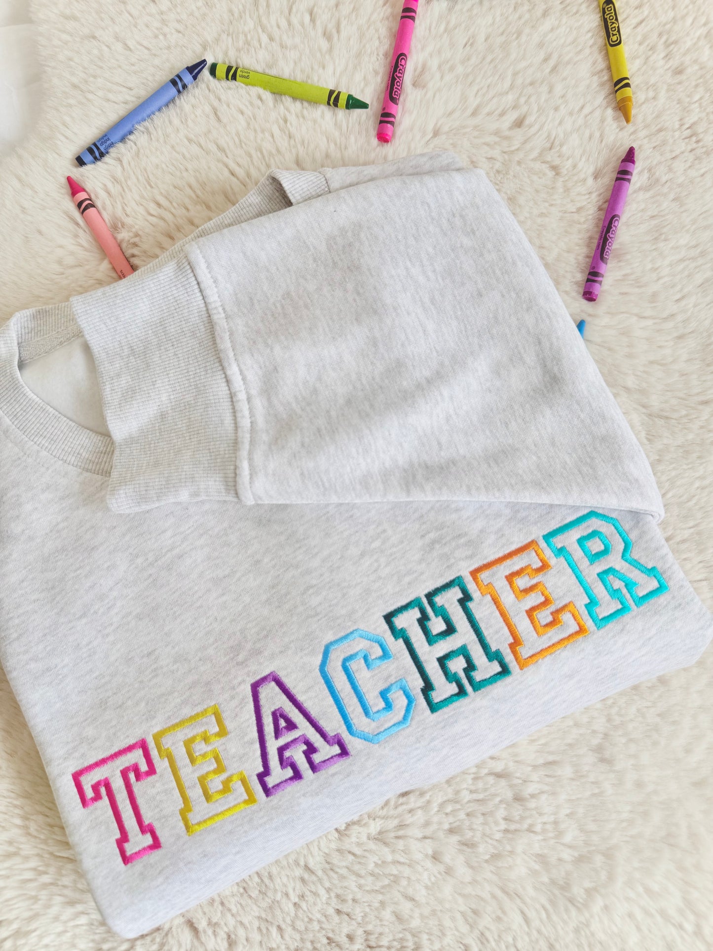 TEACHER Rainbow Varsity Embroidered Sweater