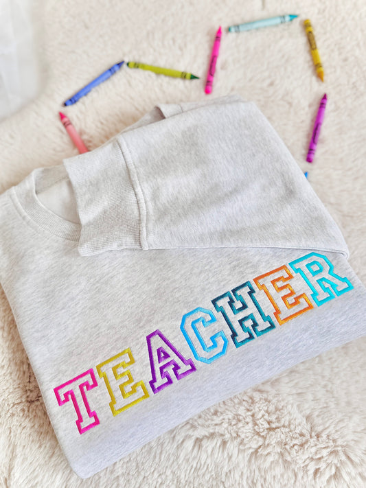 TEACHER Rainbow Varsity Embroidered Sweater