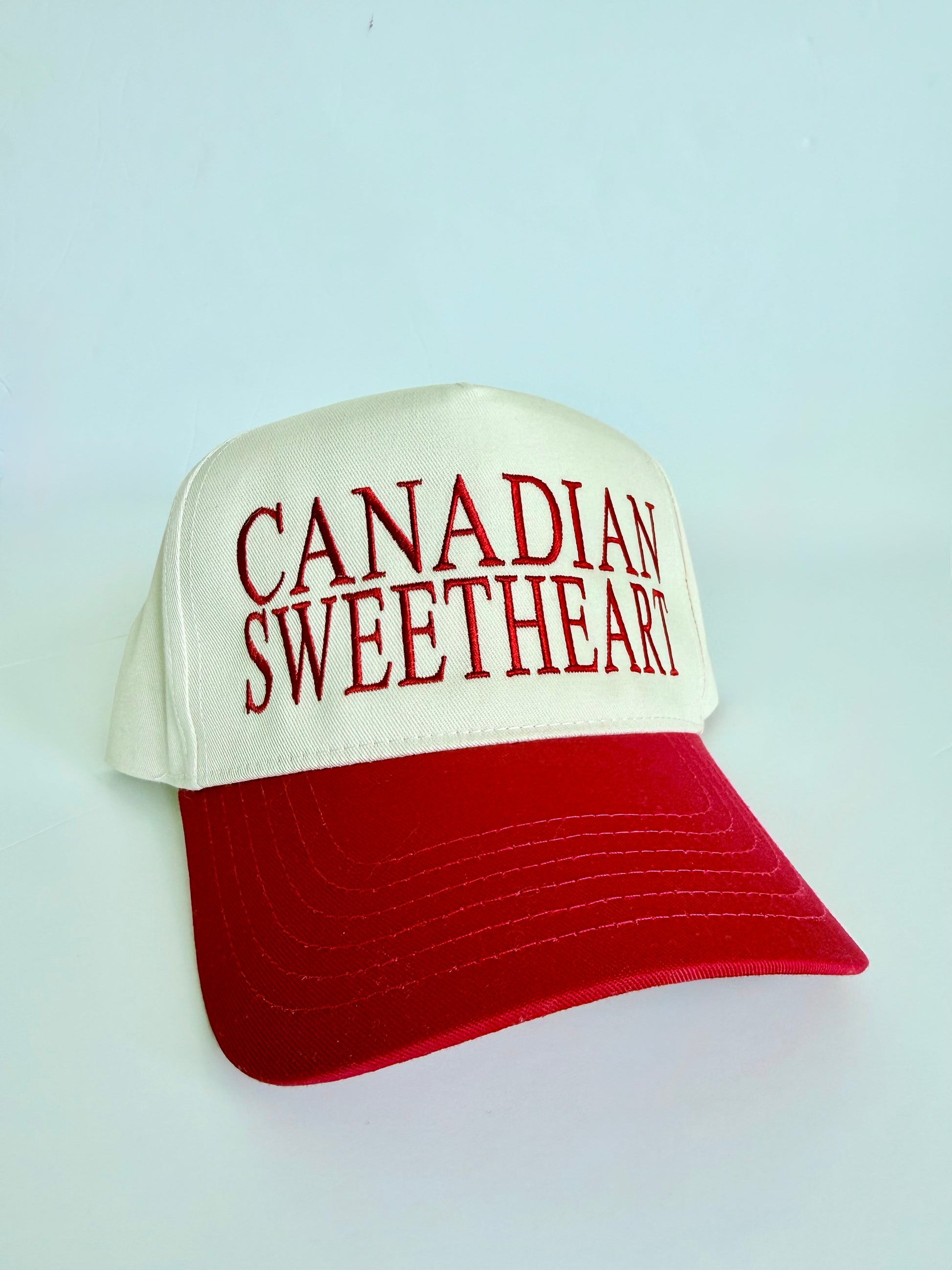 White and red CANADIAN SWEETHEART embroidered SnapBack hat stitched locally in Ontario, Canada! 🇨🇦❤️