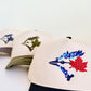 Baseball caps with embroidered designs on a white background