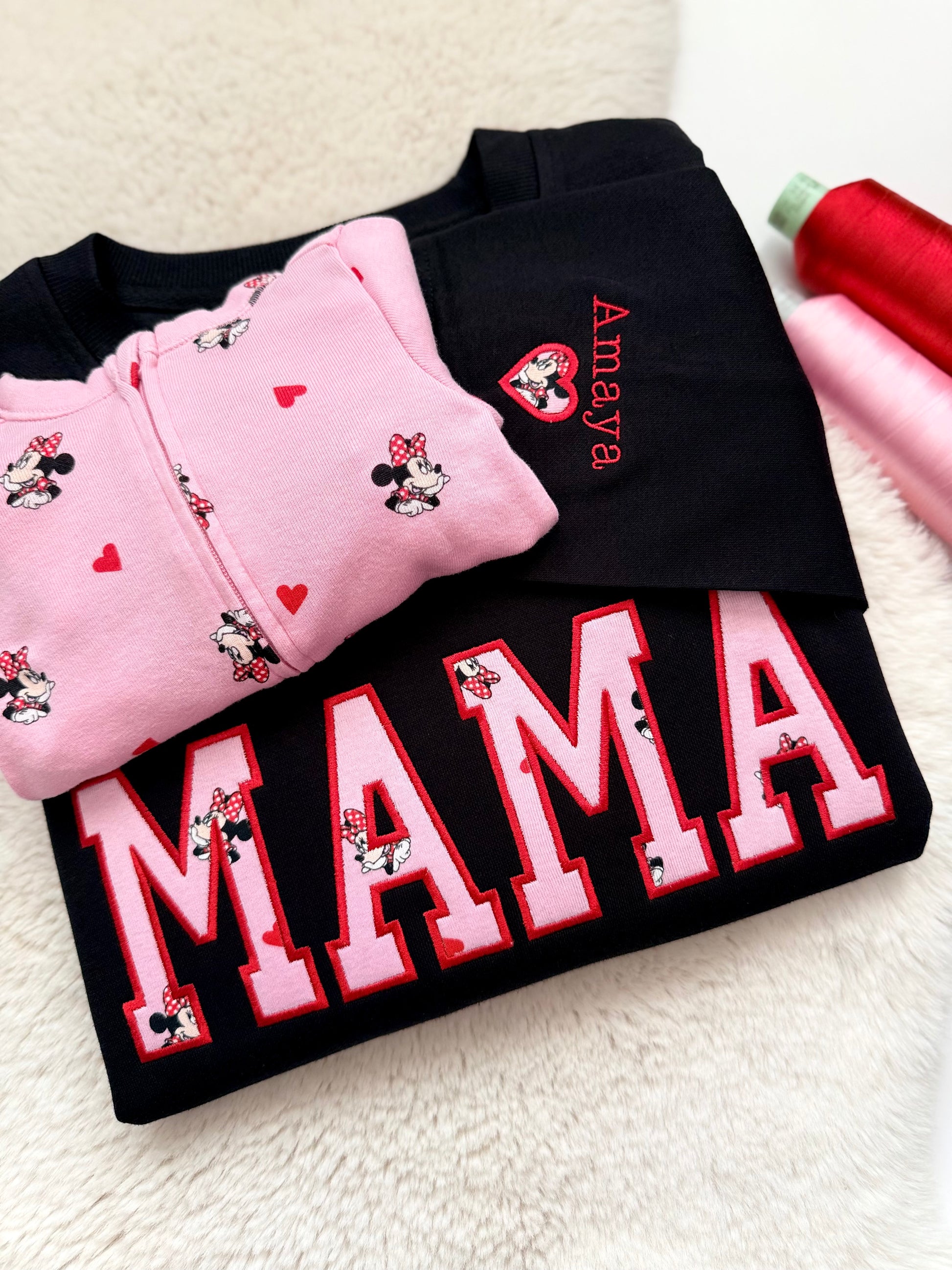 Applique embroidered keepsake baby pajama sweater. MAMA embroidered onto a black sweater. Handmade mama sweater. Gifts for mom stitched locally in Ontario, Canada.