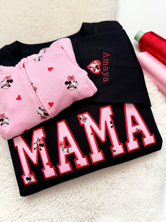 Applique embroidered keepsake baby pajama sweater. MAMA embroidered onto a black sweater. Handmade mama sweater. Gifts for mom stitched locally in Ontario, Canada.