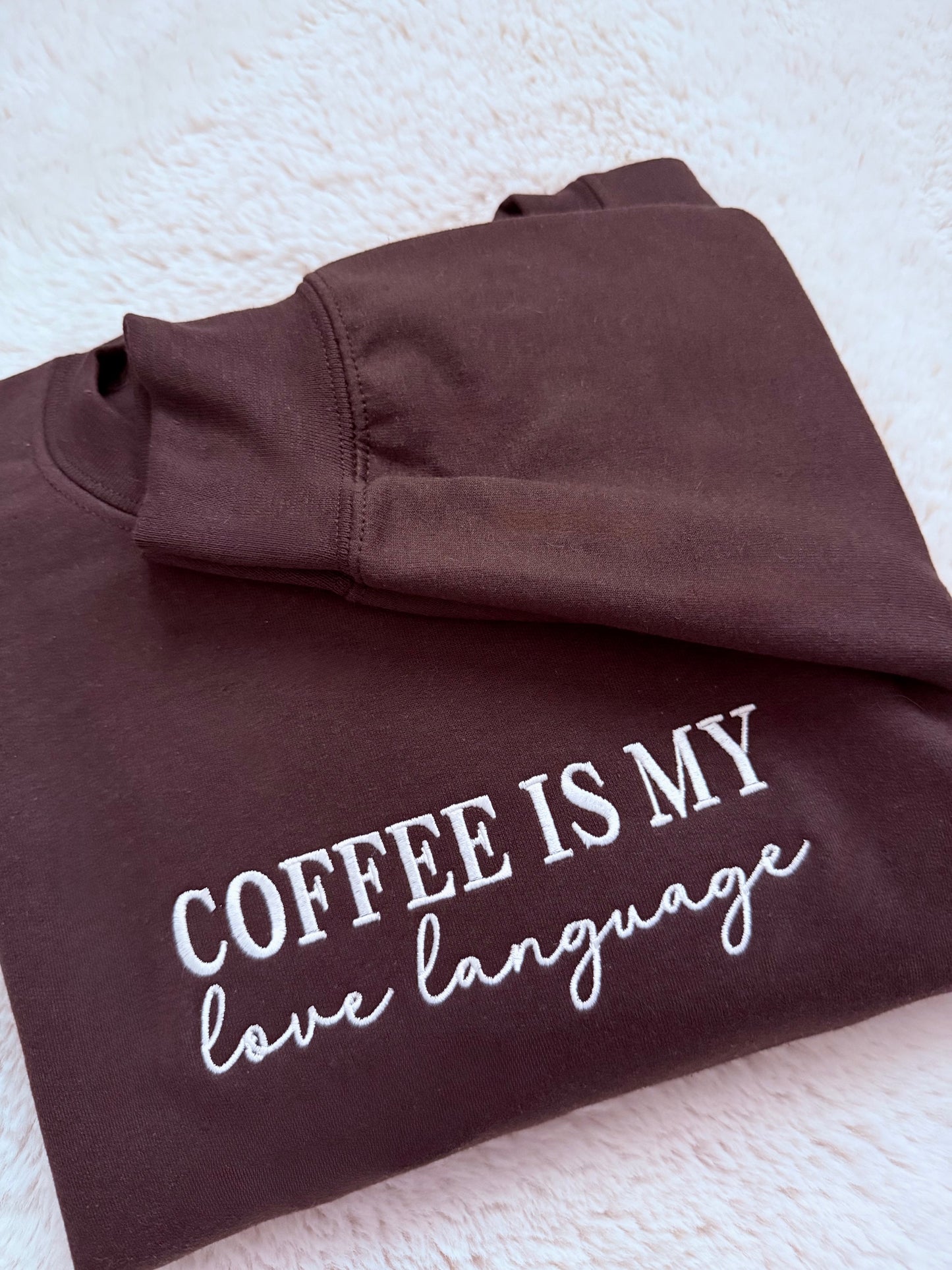 coffee embroidered sweater, custom caffeine crewneck, coffee love language shirt, floral latte sweatshirt, mama coffee gift, ontario embroidery, tajima apparel.
