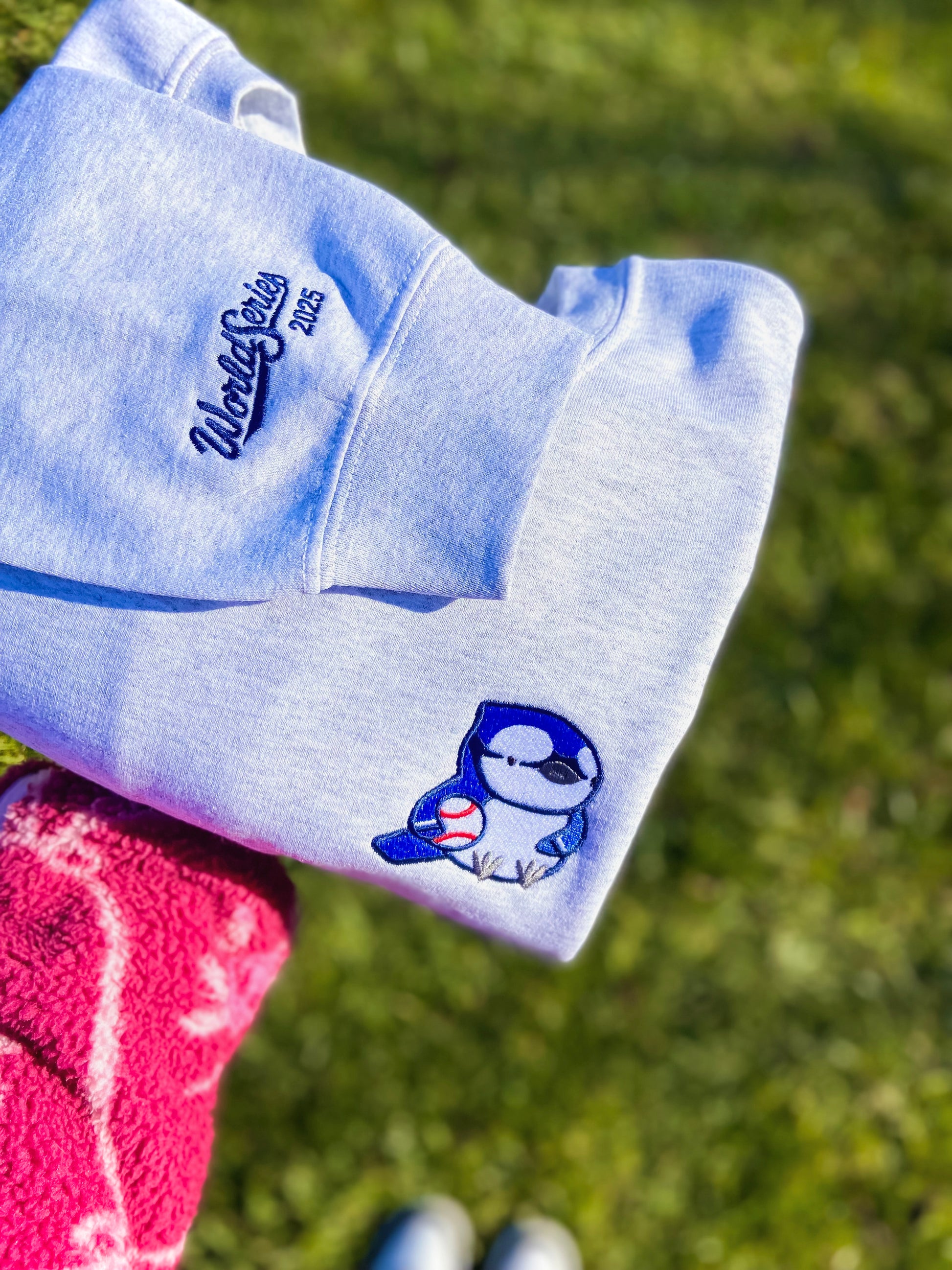 blue jay sweater, embroidered blue jay, world series 2025, canada baseball sweater, toronto baseball merch, game day sweater, cute baseball sweatshirt, handmade in canada, embroidered sports sweater, limited edition sweater, cozy blue jay crewneck, baseball fan gift, canadian team merch, unisex embroidered crewneck, stitched in ontario, small business apparel, baseball season outfit, jays world series gear, 30 years in the making sweater, crafted by kate sweater