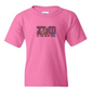 Pink t-shirt with a graphic design and text on a white background