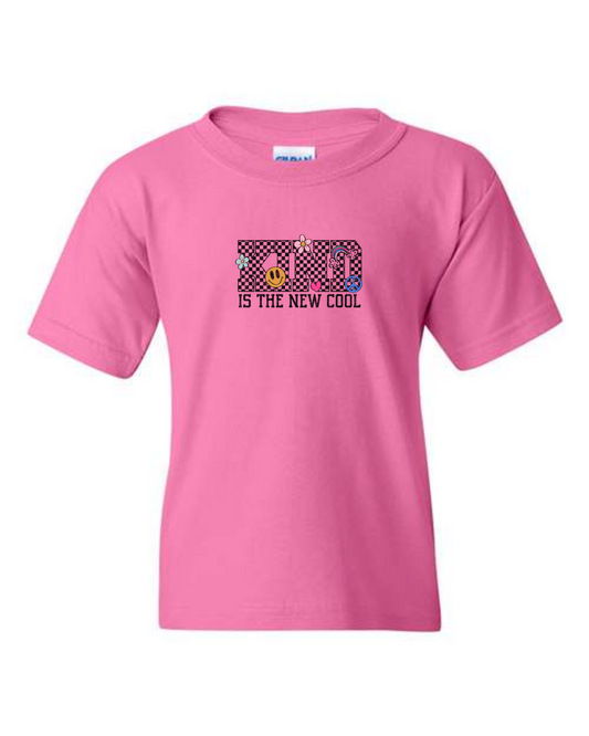 Pink t-shirt with a graphic design and text on a white background