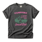 Gray t-shirt with pink and green 'Campfire Social Club' graphic on a white background