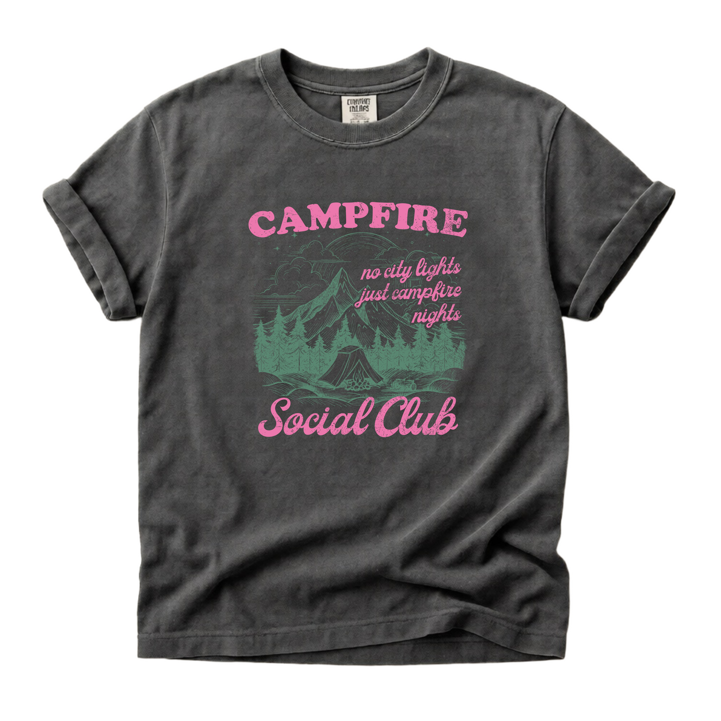 Gray t-shirt with pink and green 'Campfire Social Club' graphic on a white background