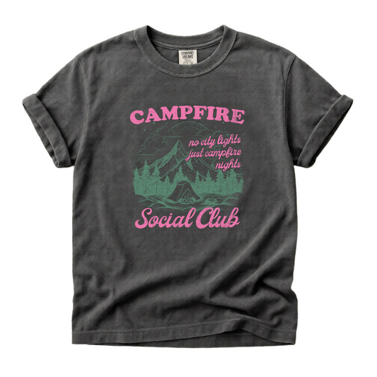 Gray t-shirt with pink and green 'Campfire Social Club' graphic on a white background