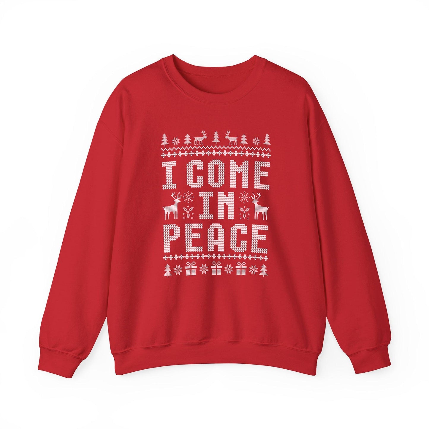 Red sweatshirt with 'I Come In Peace' text and Christmas-themed design on a white background