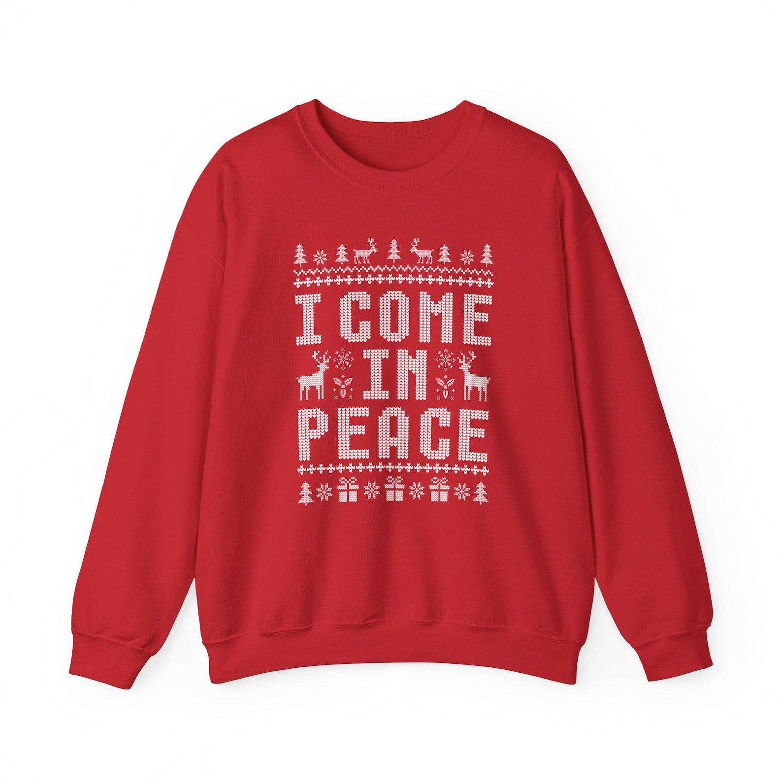 Red sweatshirt with 'I Come In Peace' text and Christmas-themed design on a white background