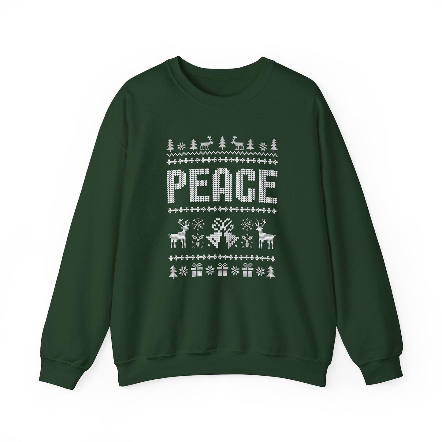 Green sweatshirt with 'PEACE' and Christmas-themed design on a white background