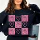 Coquette Bow & Heart Checkered Sweatshirt - Retro Valentine’s Day Crewneck