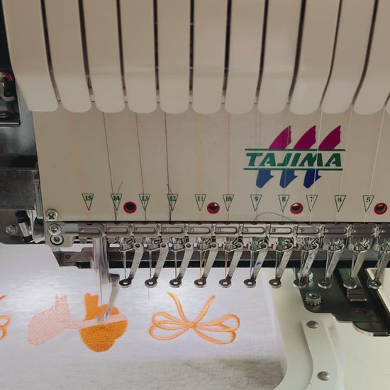 Autumn coquette bows being embroidered stitched in house by a small business located in greater toronto area, Ontario, Canada.