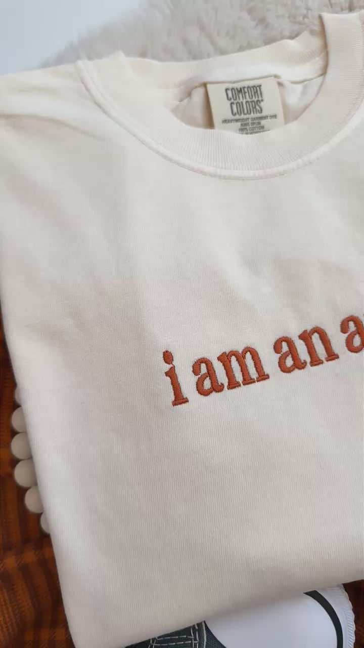 I am an autumn Gilmore Girls inspired embroidered tshirt. Autumn Fall Embroidered Tshirt
Stitching on a multi-needle embroidery machine by a local small canadian business