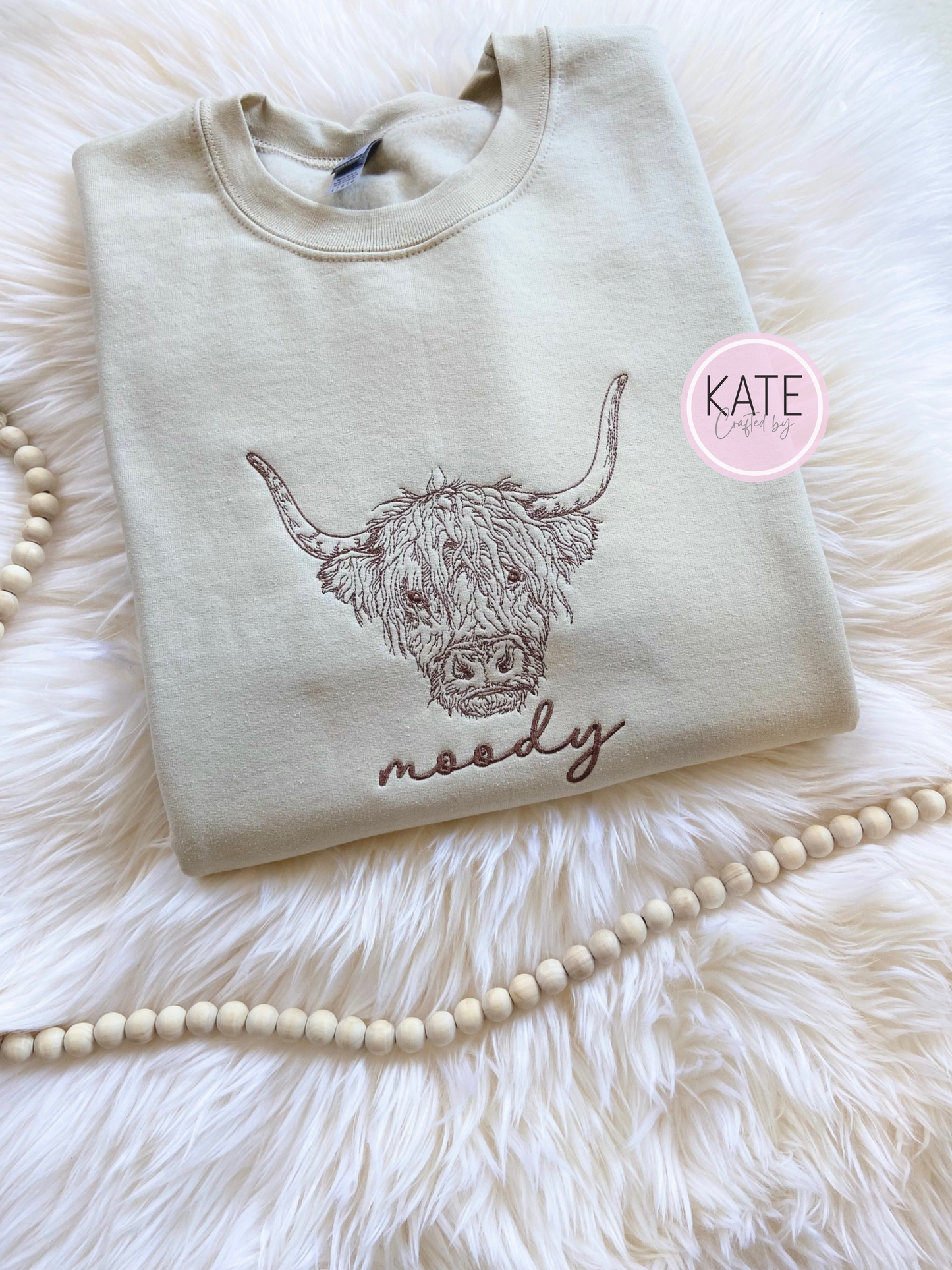 Moody Highland Cow Embroidered Crewneck Sweater