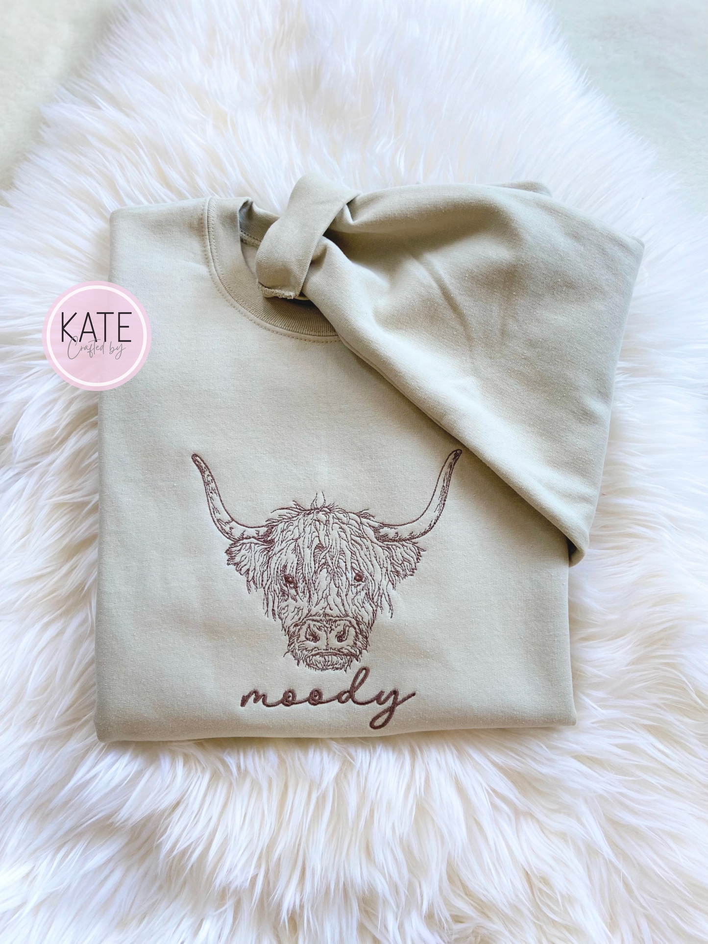 Moody Highland Cow Embroidered Crewneck Sweater